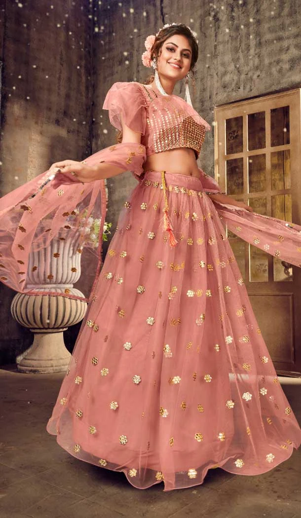 Pink Color Soft Net Mirror Work Heavy Lehenga Choli -8910184767