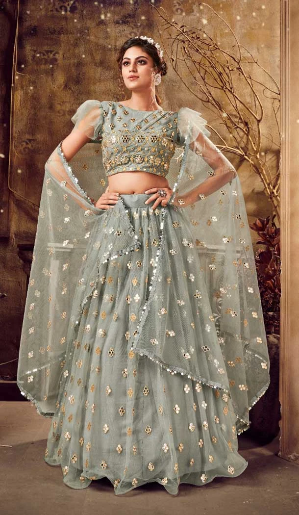 Grey Color Soft Net Mirror Work Heavy Lehenga Choli -8910184768
