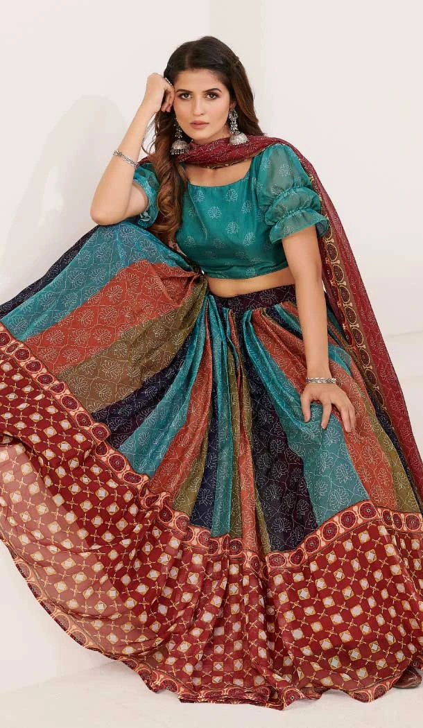 Print Work Silk Gujarati Garba Navratri Lehenga Chaniya Choli in Multi Color -8911184770