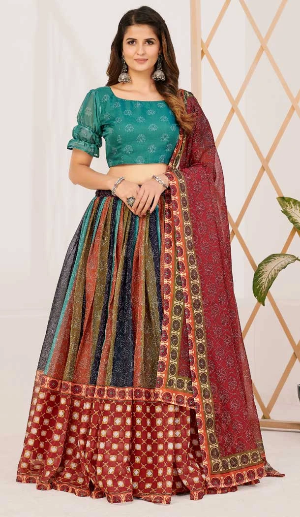 Print Work Silk Gujarati Garba Navratri Lehenga Chaniya Choli in Multi Color -8911184770