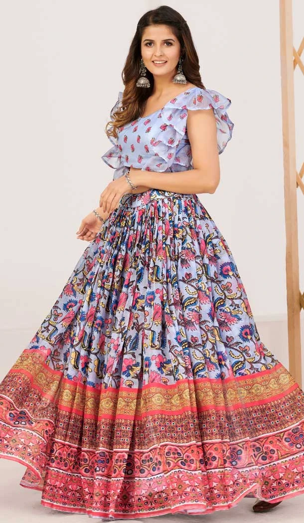 Print Work Silk Gujarati Garba Navratri Lehenga Chaniya Choli in White -8911184771