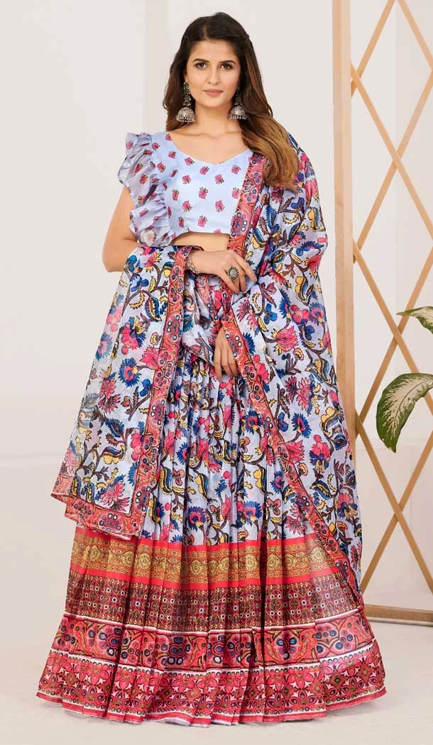 Print Work Silk Gujarati Garba Navratri Lehenga Chaniya Choli in White -8911184771