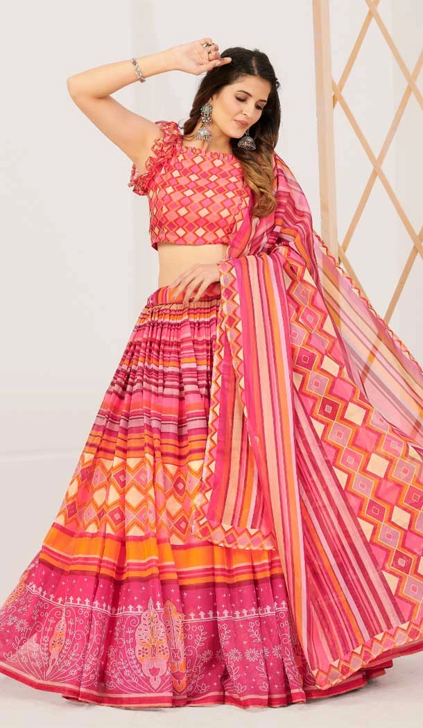 Print Work Silk Gujarati Garba Navratri Lehenga Chaniya Choli in Reddish Pink -8911184772
