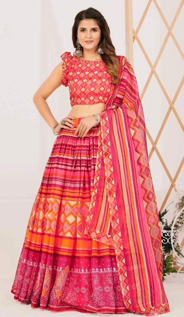 Print Work Silk Gujarati Garba Navratri Lehenga Chaniya Choli in Reddish Pink -8911184772