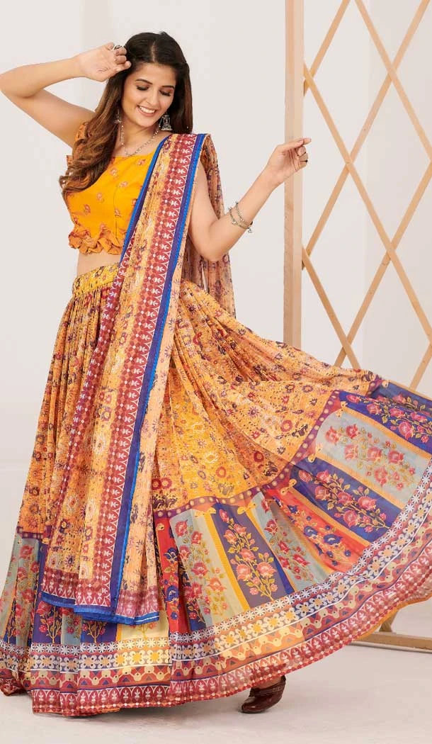 Print Work Silk Gujarati Garba Navratri Lehenga Chaniya Choli in Mustard -8911184773