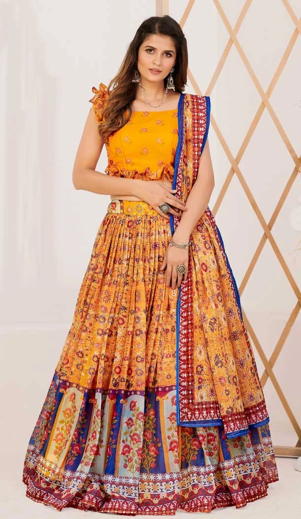 Print Work Silk Gujarati Garba Navratri Lehenga Chaniya Choli in Mustard -8911184773
