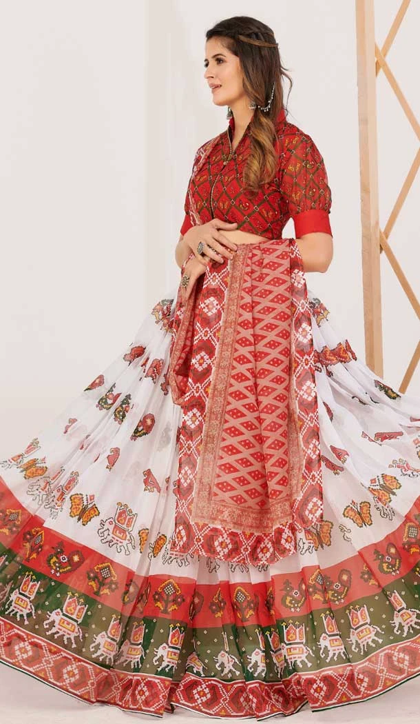 Print Work Silk Gujarati Garba Navratri Lehenga Chaniya Choli in Red -8911184775