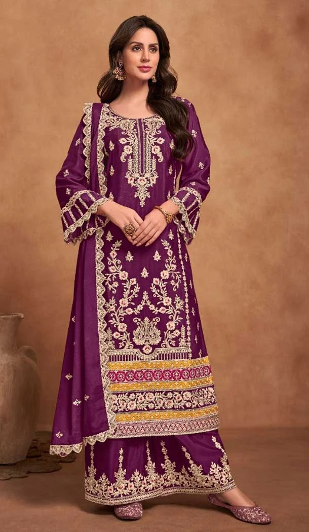 Heavy Chinon Embroidery Work Purple Color Pakistani Palazzo Suit -8919184833