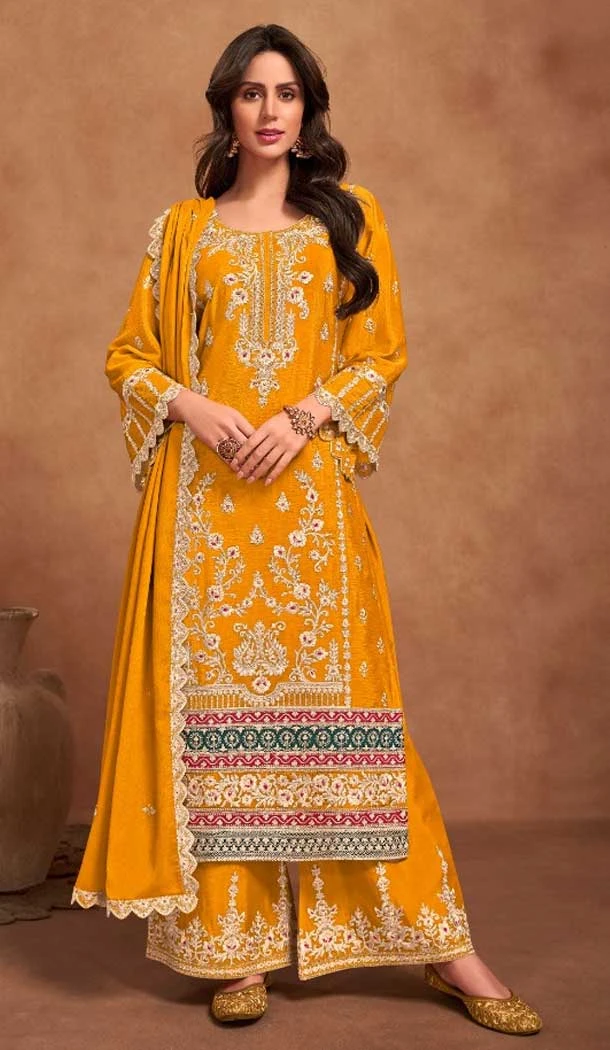 Heavy Chinon Embroidery Work Mustard Color Pakistani Palazzo Suit -8919184834