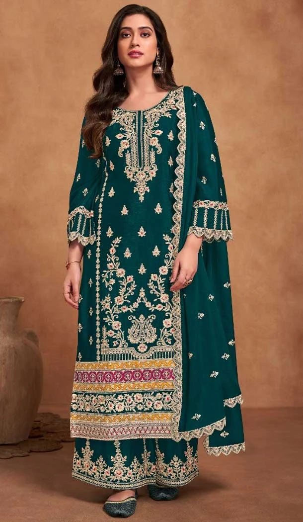 Heavy Chinon Embroidery Work Teal Green Color Pakistani Palazzo Suit -8919184835
