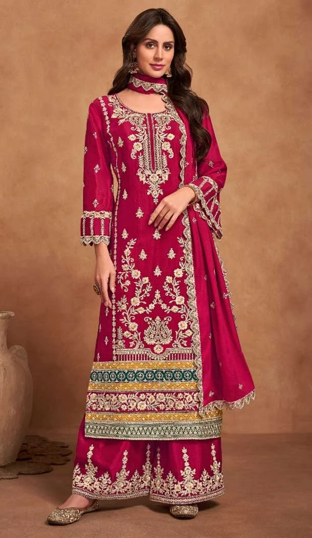 Heavy Chinon Embroidery Work Pink Color Pakistani Palazzo Suit -8919184836