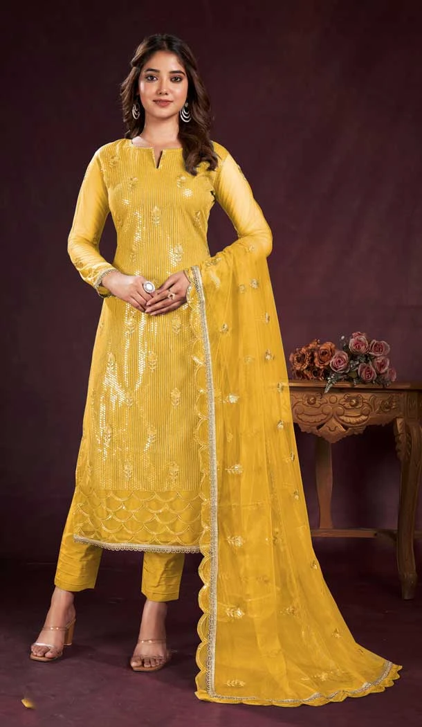 Butterfly Net Sequence Embroidery Work Salwar Kameez in Mustard -8921184843