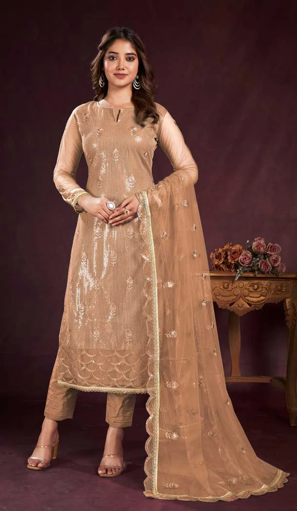 Butterfly Net Sequence Embroidery Work Salwar Kameez in Light Brown -8921184845