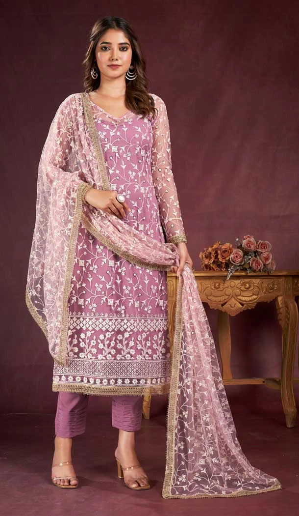 Butterfly Net Sequence Embroidery Work Salwar Kameez in Lavender -8921184846