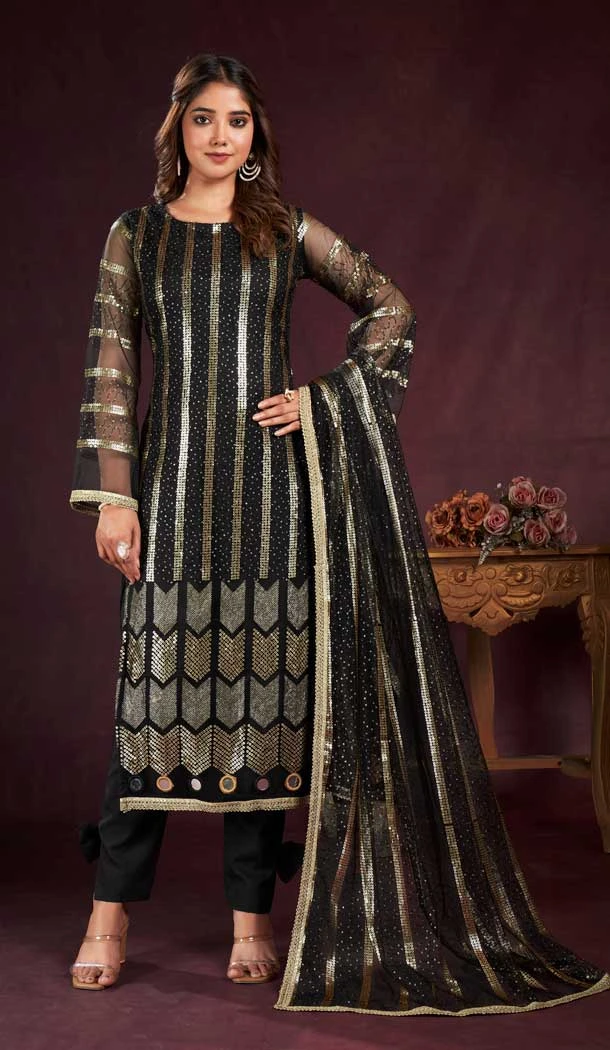 Butterfly Net Sequence Embroidery Work Salwar Kameez in Black -8921184848