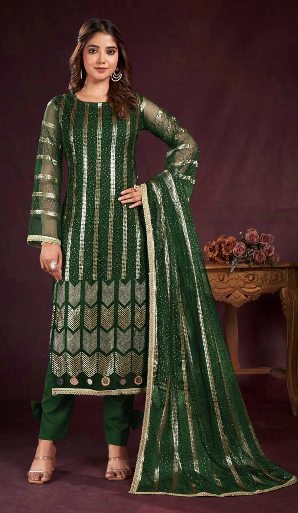 Butterfly Net Sequence Embroidery Work Salwar Kameez in Green -8921184849