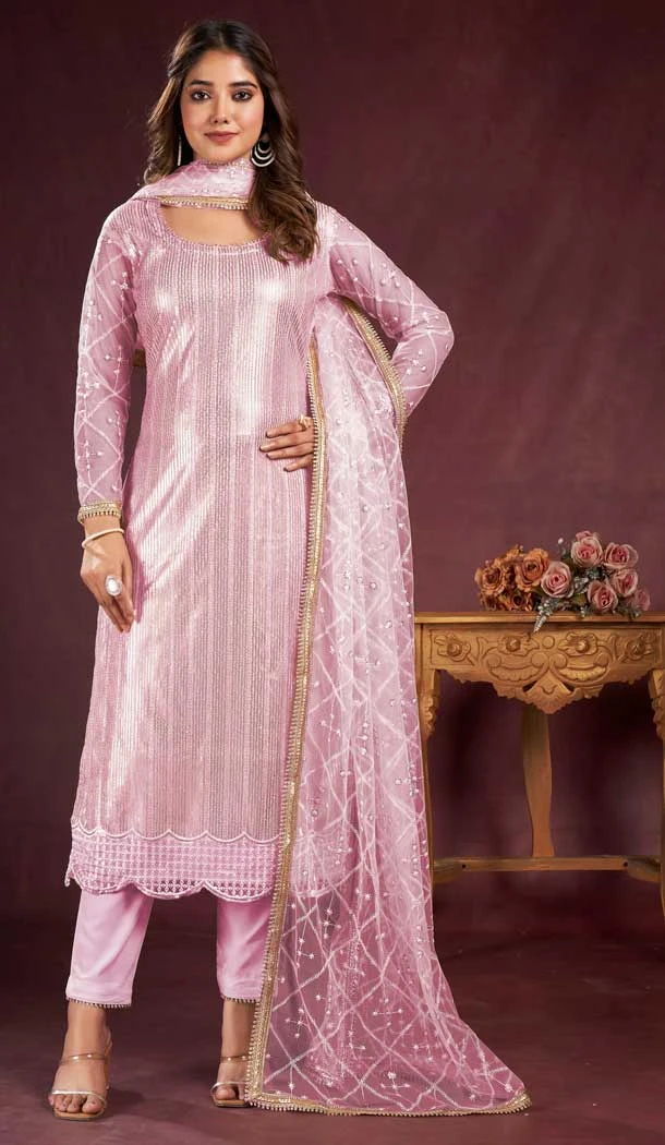 Butterfly Net Sequence Embroidery Work Salwar Kameez in Lavender -8921184853
