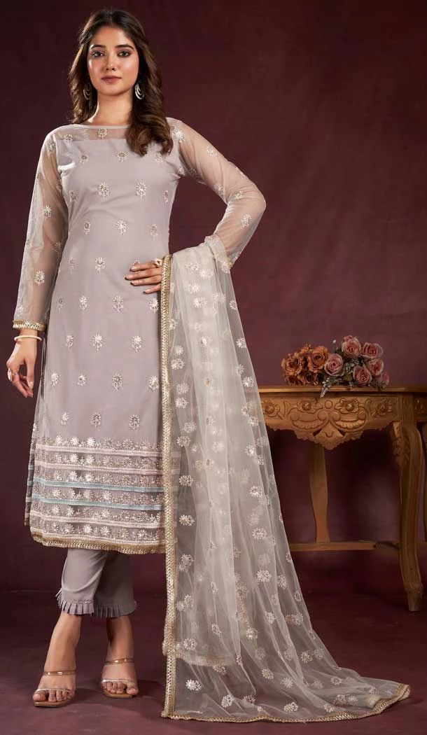 Butterfly Net Sequence Embroidery Work Salwar Kameez in Grey -8921184855