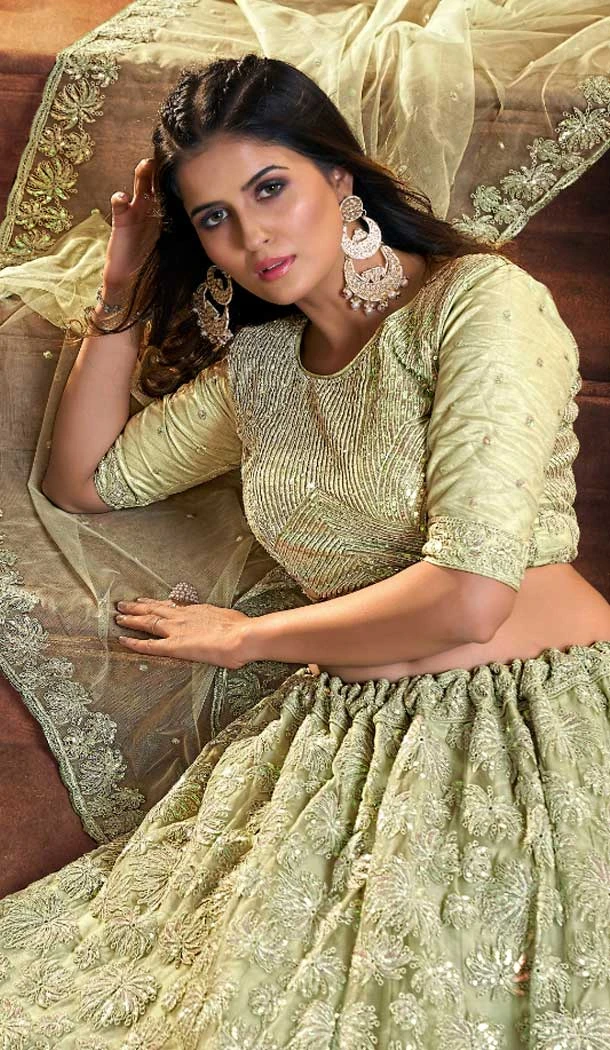 Soft Net Zari Thread Work Mehendi sangeet wear Lehenga in Pista Green -8964185032
