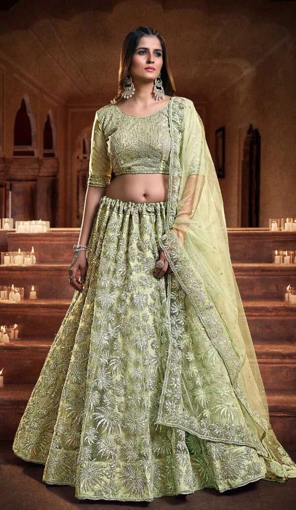 Soft Net Zari Thread Work Mehendi sangeet wear Lehenga in Pista Green -8964185032