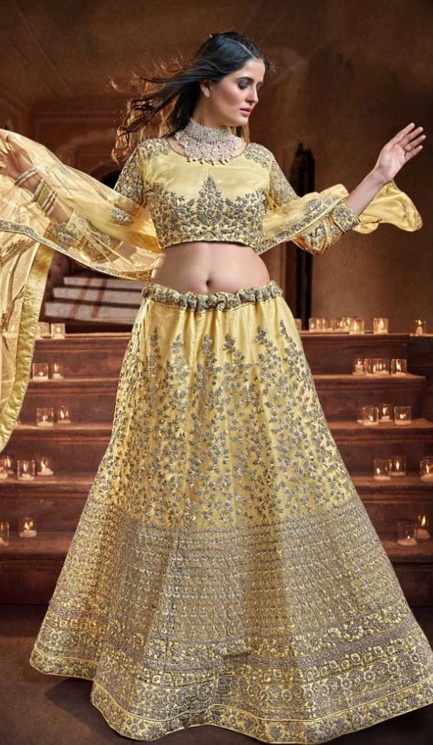Soft Net Zari Thread Work Mehendi sangeet wear Lehenga in Yellow -8964185034