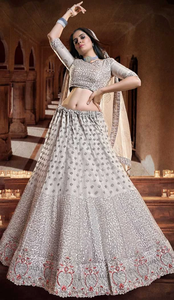 Soft Net Zari Thread Work Mehendi sangeet wear Lehenga in Grey -8964185036