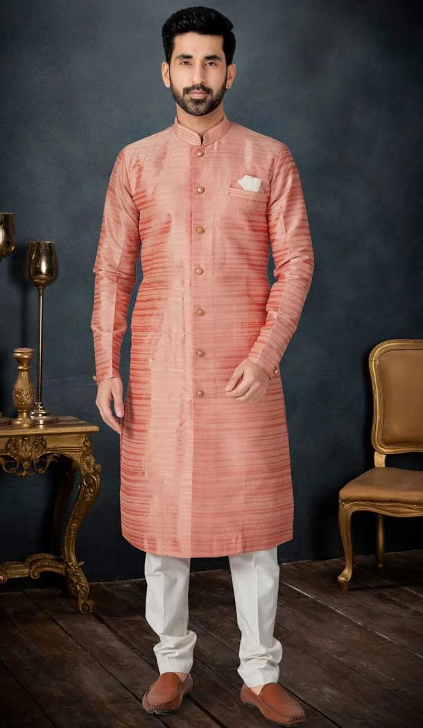Slub Jacquard Rust Color Designer Men's Wear Indo Western Sherwani -9010185213