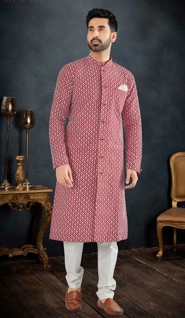 Lucknowie Rose Maroon Color Men's Wear Indo Western Sherwani -9010185215