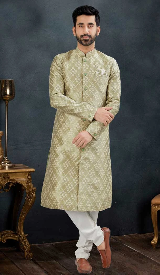 Banarasi Jacquard Pista Green Color Men's Wear Indo Western Sherwani -9010185217