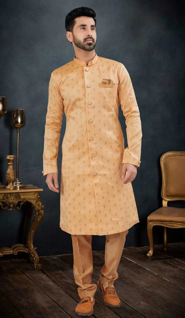 Peach Banarasi Jacquard Men's Wear Indo Western Sherwani -9010185218