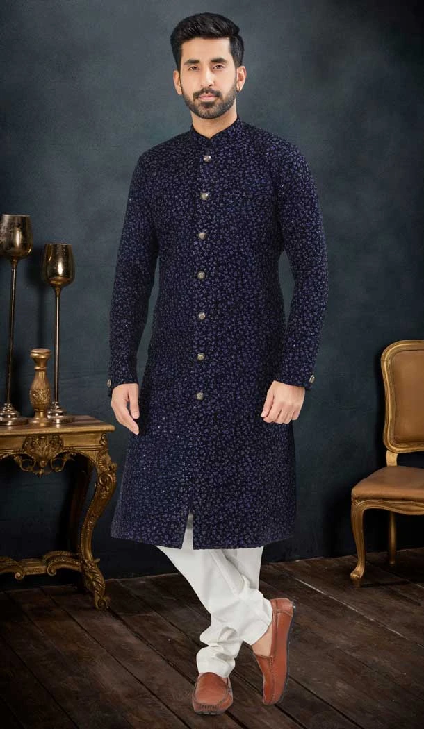 Velvet Navy Blue Color Men's Wear Indo Western Sherwani -9010185219
