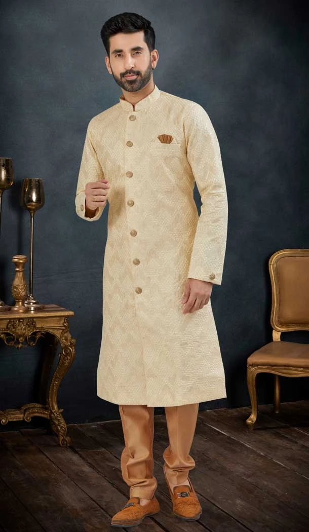 Lucknowie Gold Color Men's Wear Indo Western Sherwani -9010185221