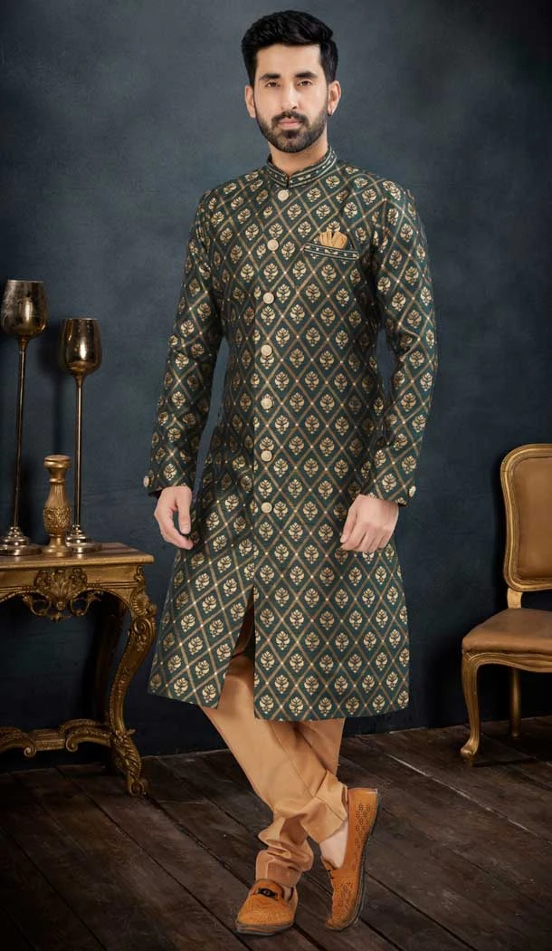 Banarasi Jacquard Green Color Men's Wear Indo Western Sherwani -9010185222