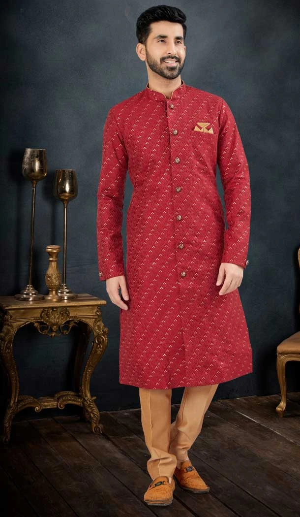 Jacquard Maroon Color Men's Wear Indo Western Sherwani -9010185224