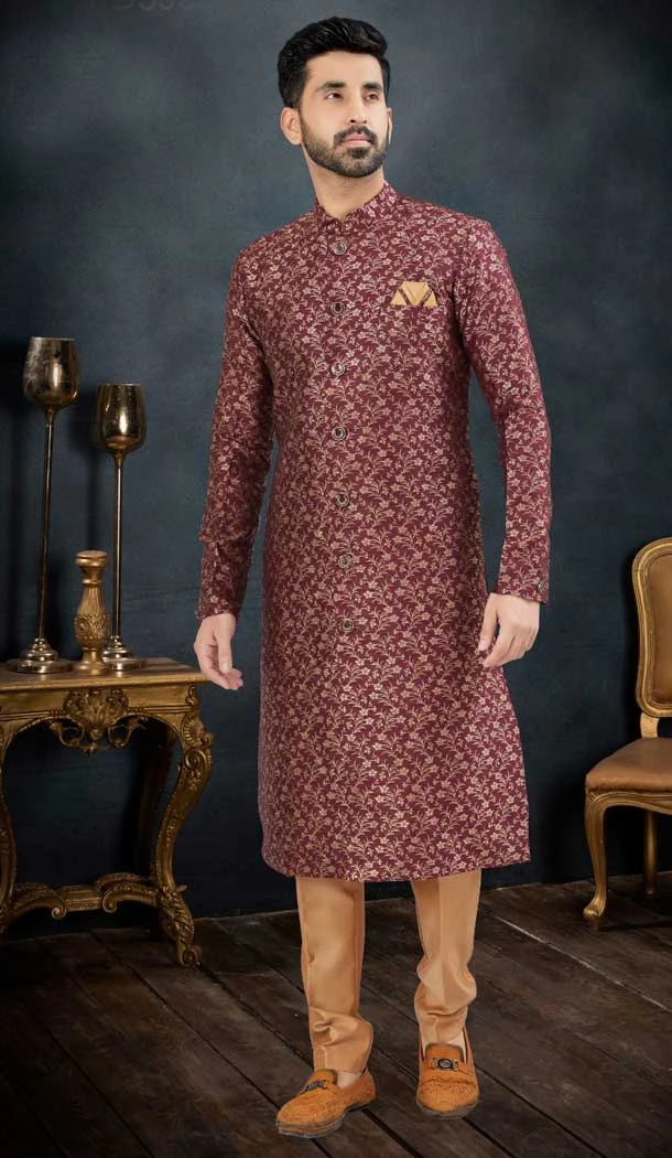 Jacquard Wine Color Men's Wear Indo Western Sherwani -9010185225