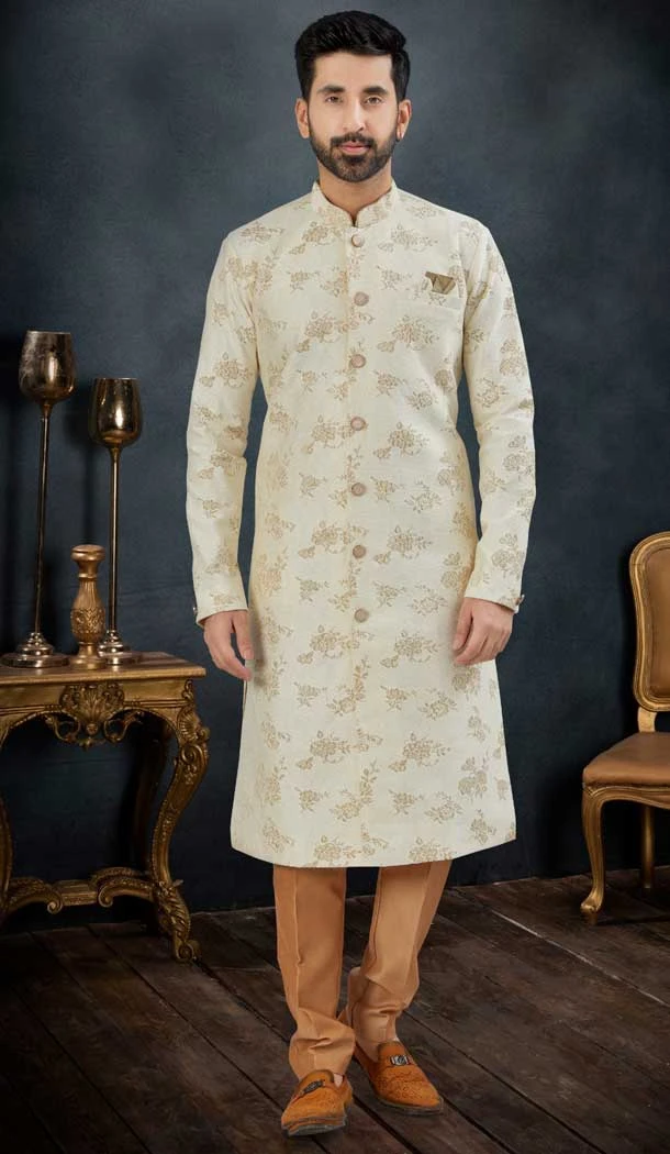Jacquard Gold Color Men's Wear Indo Western Sherwani -9010185226