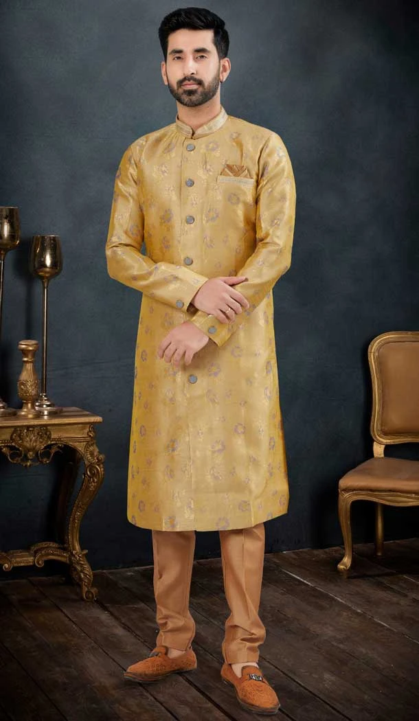 Gold Color Jacquard Men's Wear Indo Western Sherwani -9010185227
