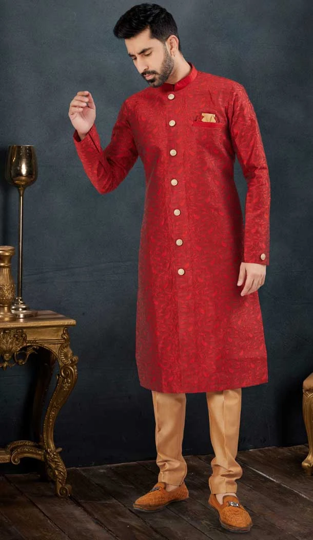Maroon Color Jacquard Men's Wear Indo Western Sherwani -9010185229