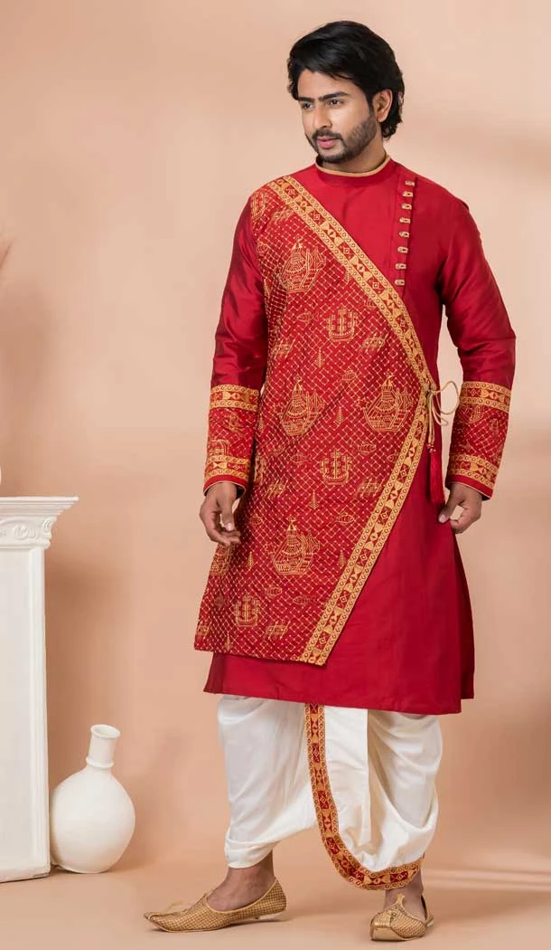 Viscose Embroidery Work Designer Men's Wear Kurta in Red -9020185275