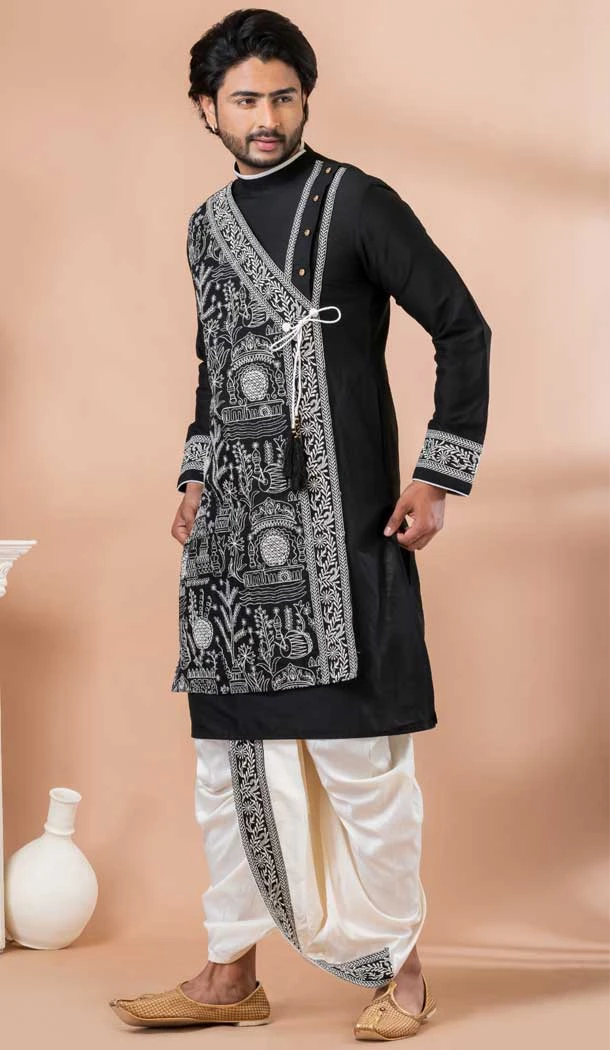Viscose Embroidery Work Designer Men's Wear Kurta in Black -9020185276