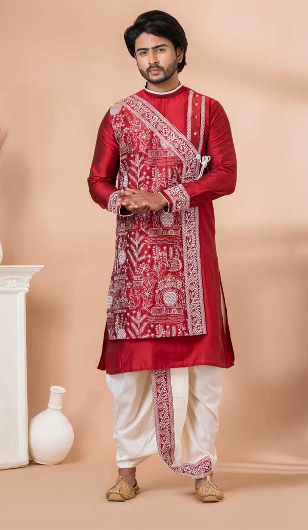 Red Viscose Embroidery Work Designer Men's Wear Kurta -9020185277