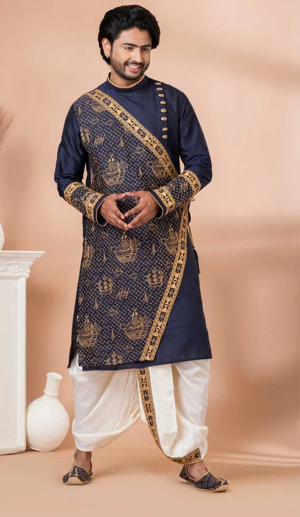 Viscose Embroidery Work Designer Men's Wear Kurta in Navy Blue -9020185278