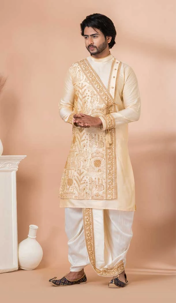 Viscose Embroidery Work Designer Men's Wear Kurta in Golden -9020185279