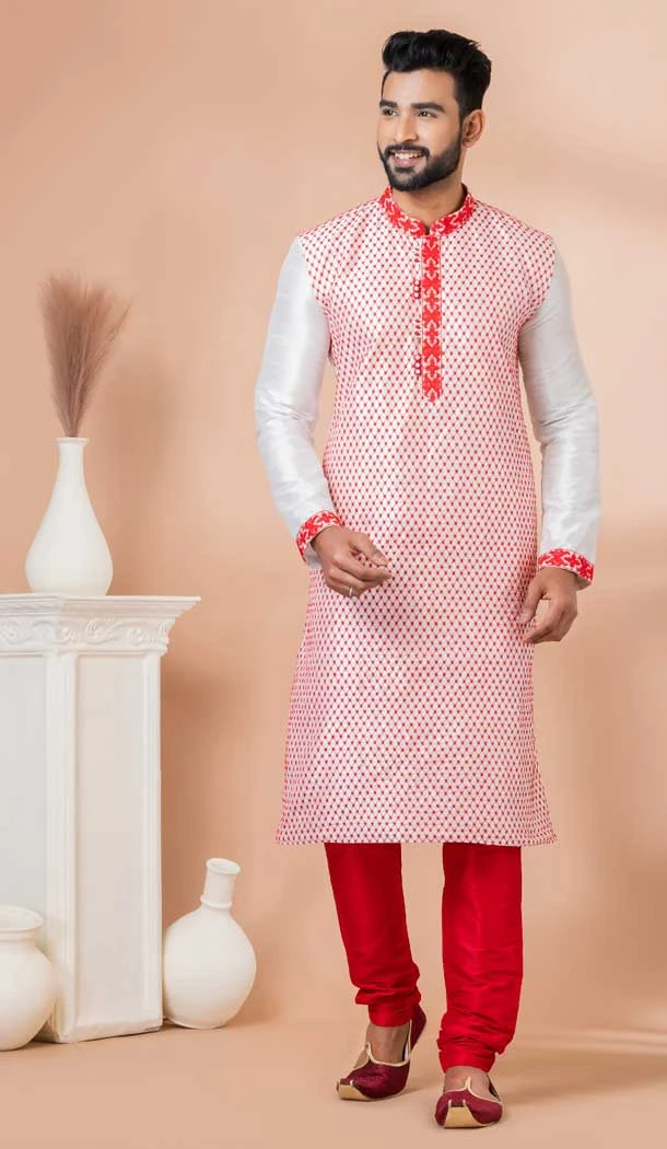 Banarasi Dhupion Embroidery Work White Color Designer Men's Wear Kurta -9021185286