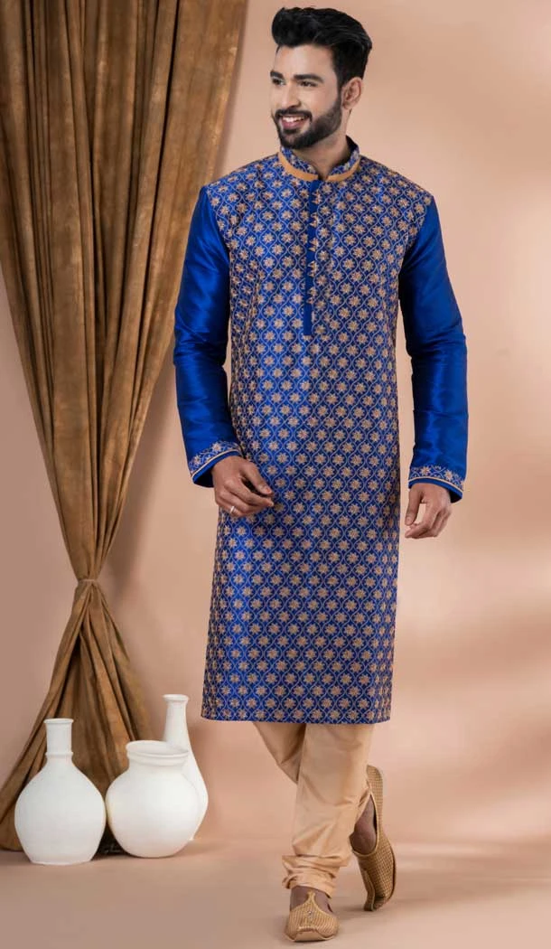 Embroidery Work Banarasi Dhupion Designer Men's Wear Kurta in Blue -9021185290
