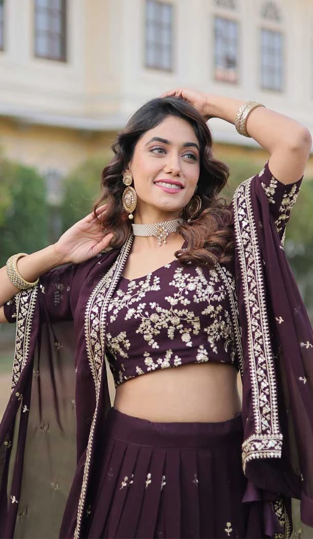 Faux Georgette Sequins Embroidery Work Lehenga Choli in Coffee -9028185350