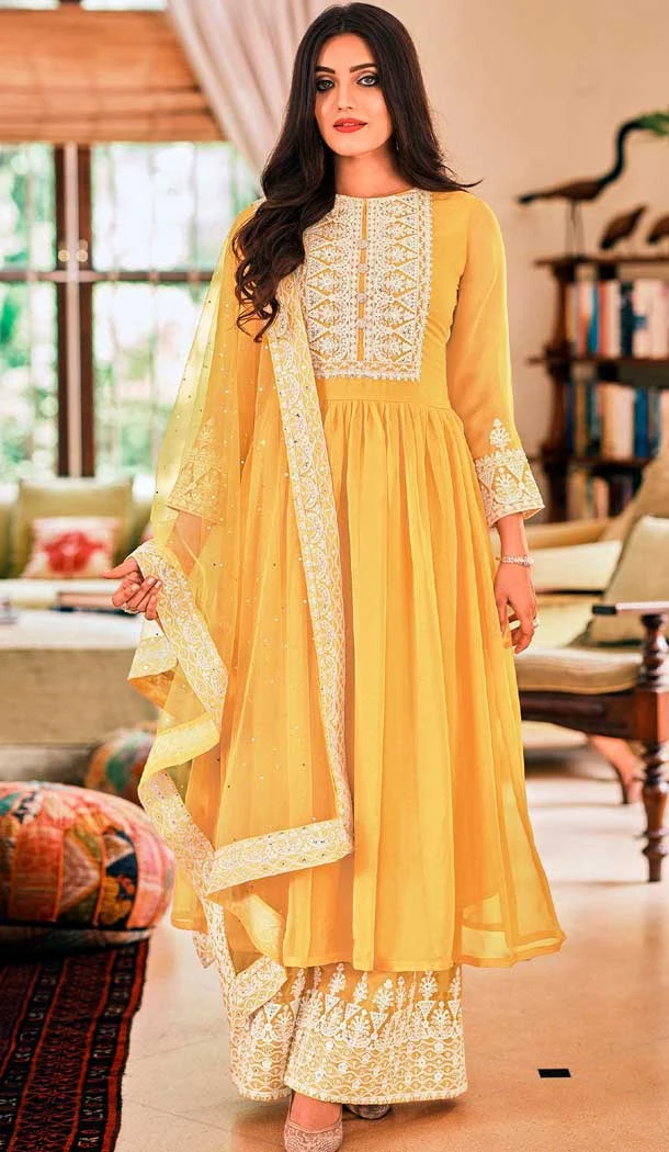 Georgette Diamond Embroidery Work Pakistani Palazzo Suit in Yellow -9033185364
