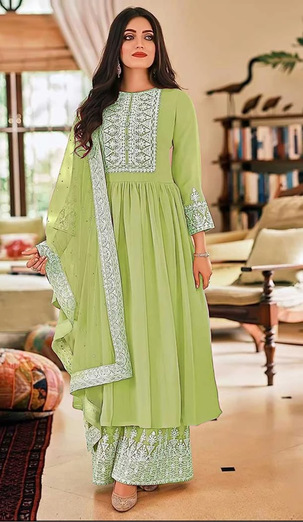 Georgette Diamond Embroidery Work Pakistani Palazzo Suit in Green -9033185365