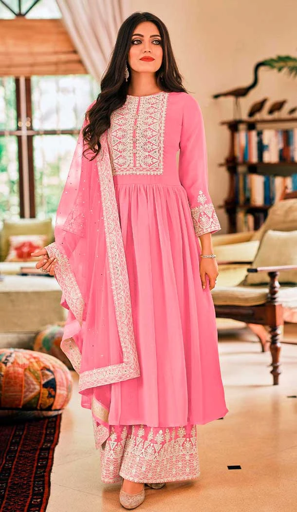 Georgette Diamond Embroidery Work Pakistani Palazzo Suit in Pink -9033185367