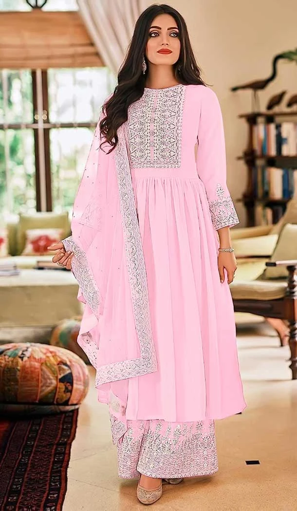 Georgette Diamond Embroidery Work Pakistani Palazzo Suit in Baby Pink -9033185369